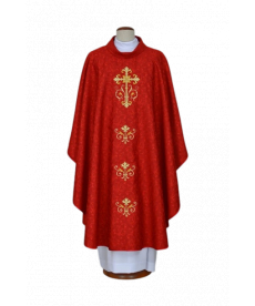 Ornat czerwony haftowany, tkanina adamaszek - Krzyż (22)