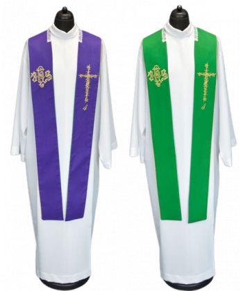 Stuła kapłańska dwustronna fioletowo-zielona IHS