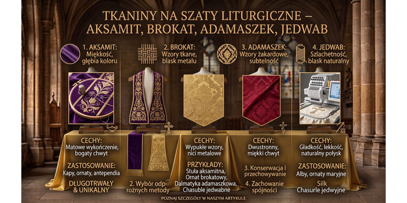 Tkaniny na szaty liturgiczne — aksamit, brokat, adamaszek, jedwab